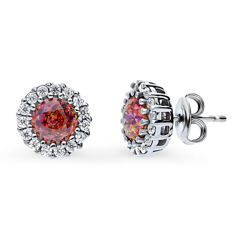 Halo Kaleidoscope CZ Stud Earrings in Sterling Silver, Red Orange