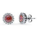 Halo Kaleidoscope CZ Stud Earrings in Sterling Silver, Red Orange