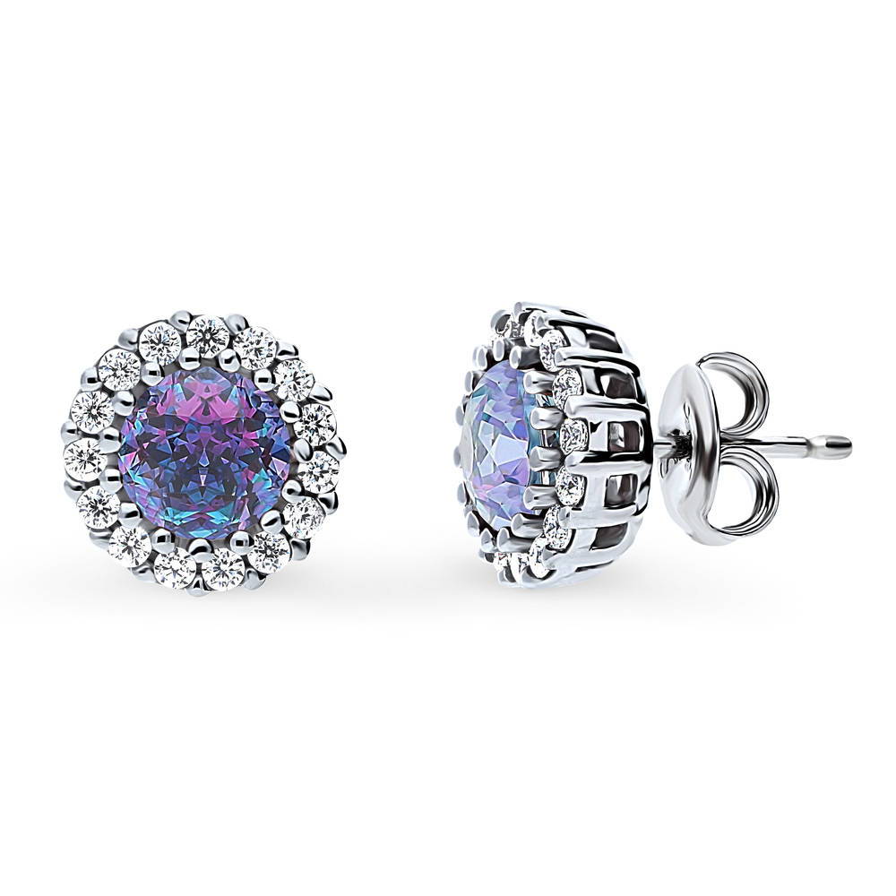 Halo Kaleidoscope CZ Stud Earrings in Sterling Silver, Purple Aqua