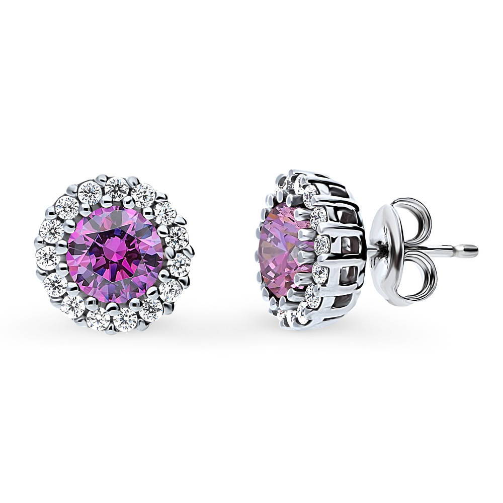 Halo Kaleidoscope CZ Stud Earrings in Sterling Silver, Purple