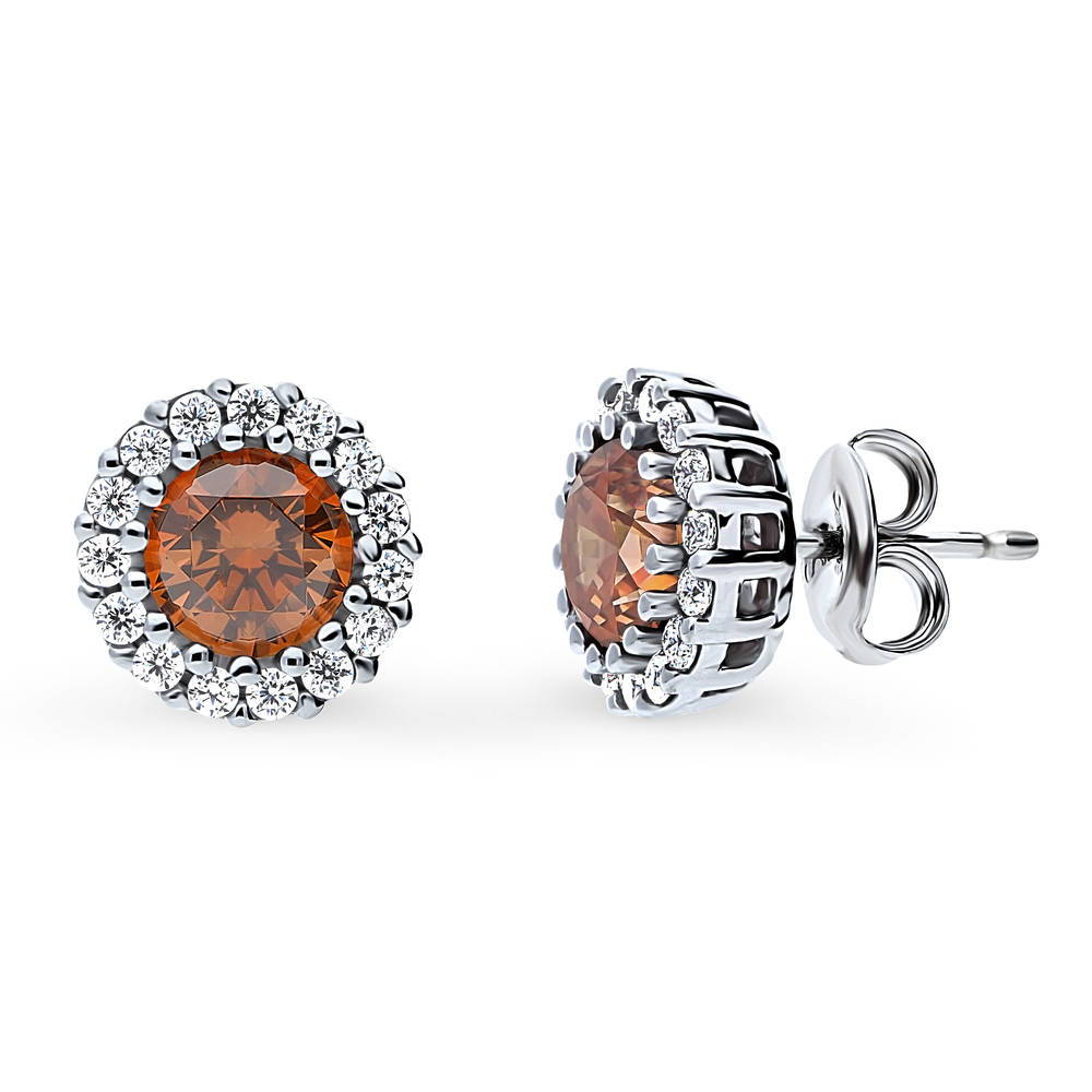 Halo Kaleidoscope CZ Stud Earrings in Sterling Silver, Caramel