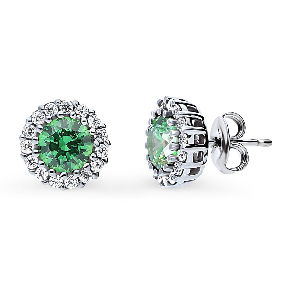 Halo Kaleidoscope CZ Stud Earrings in Sterling Silver, Green