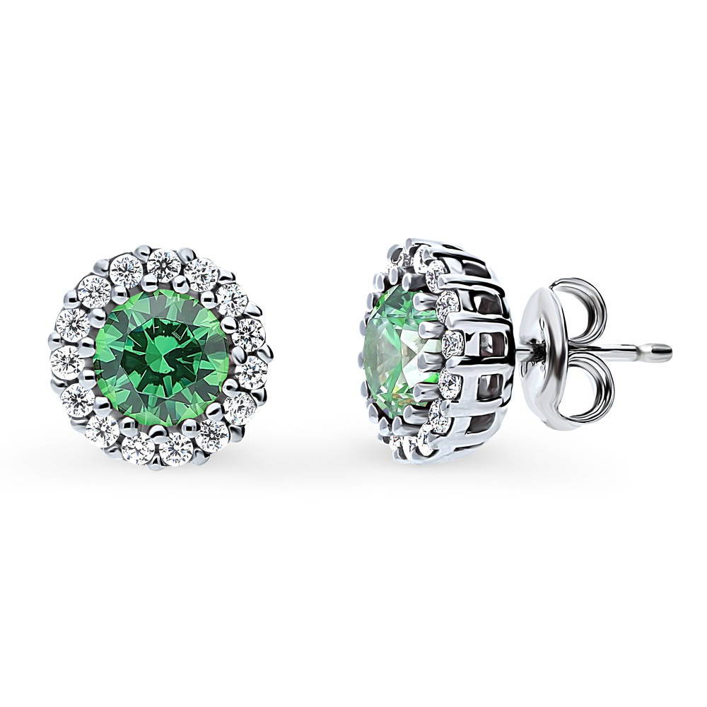 Halo Green Round CZ Necklace and Earrings Set in Sterling Silver