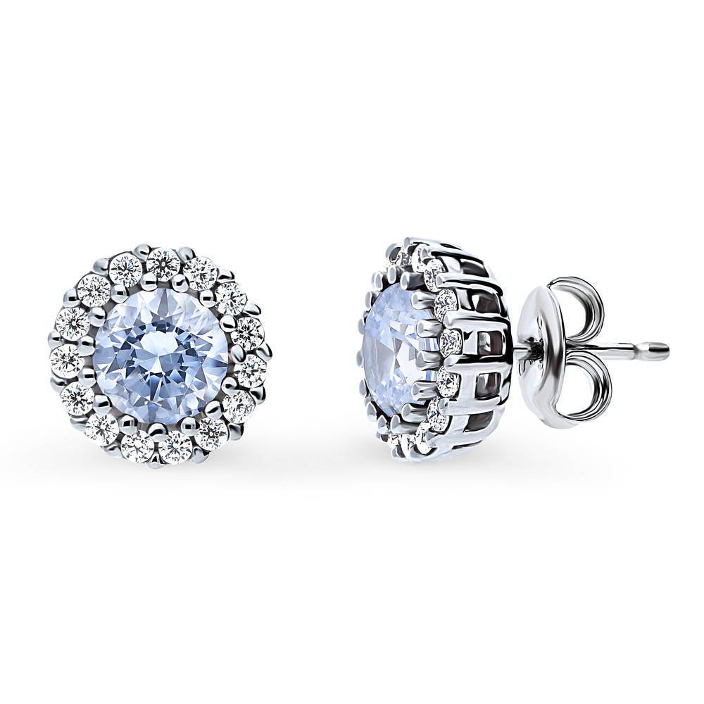 Halo Kaleidoscope CZ Stud Earrings in Sterling Silver, Greyish Blue