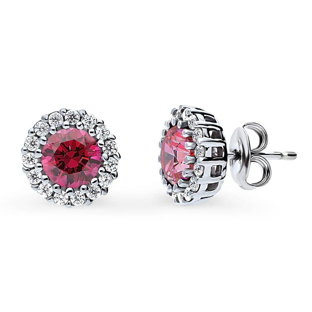 Halo Red Round CZ Necklace and Earrings Set in Sterling Silver