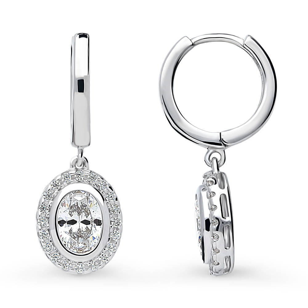 Front view of Halo Oval CZ Dangle Earrings in Sterling Silver, 4 of 5