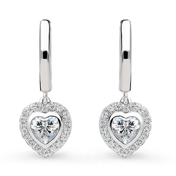 Halo Heart CZ Dangle Earrings in Sterling Silver