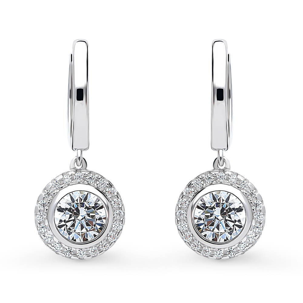 Halo Round CZ Dangle Earrings in Sterling Silver, 1 of 5