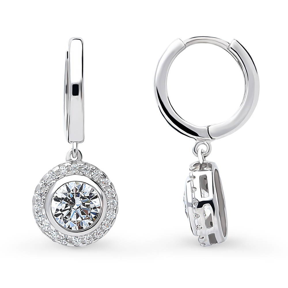 Front view of Halo Round CZ Dangle Earrings in Sterling Silver, 4 of 5