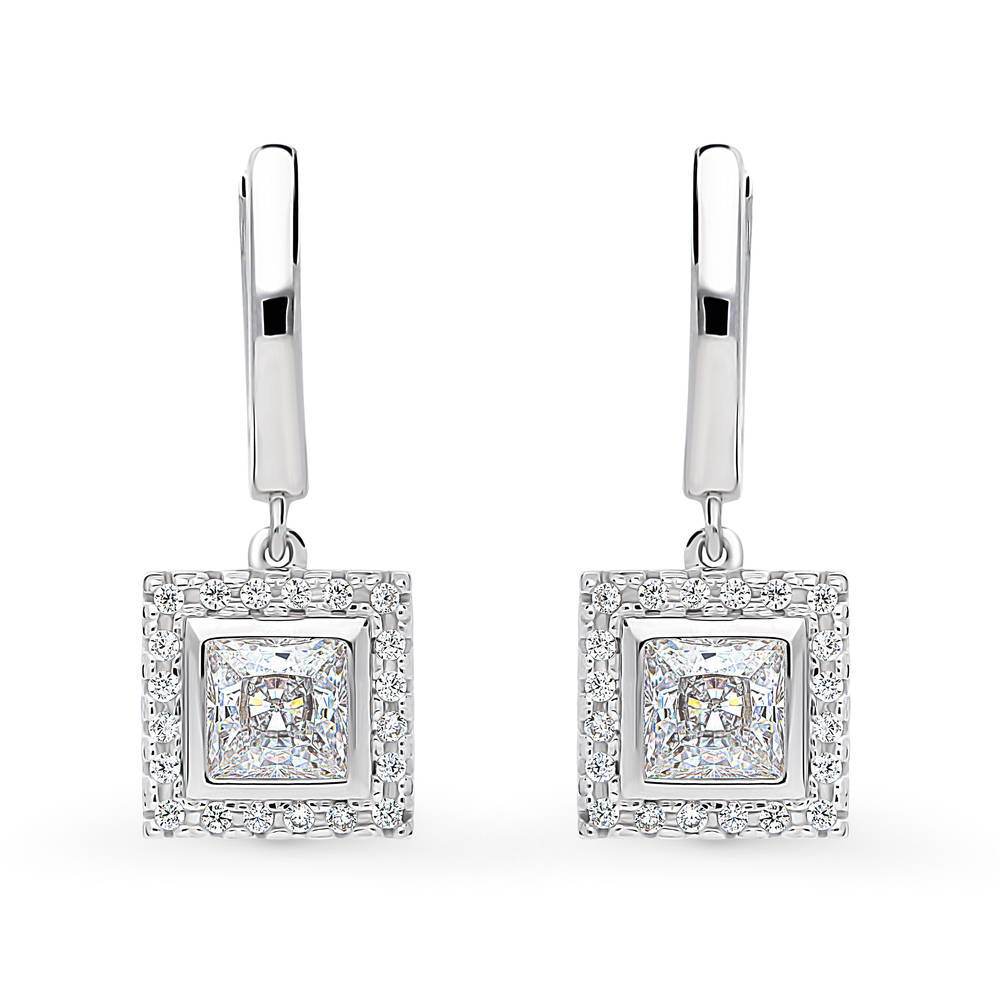 Halo Princess CZ Dangle Earrings in Sterling Silver