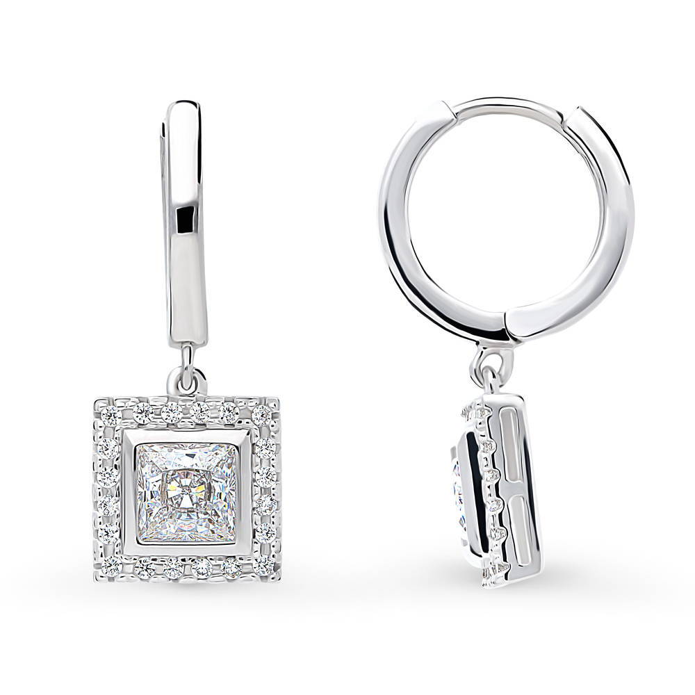 Halo Princess CZ Dangle Earrings in Sterling Silver