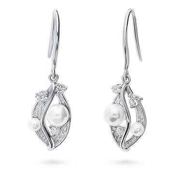 Imitation Pearl Fish Hook Dangle Earrings in Sterling Silver