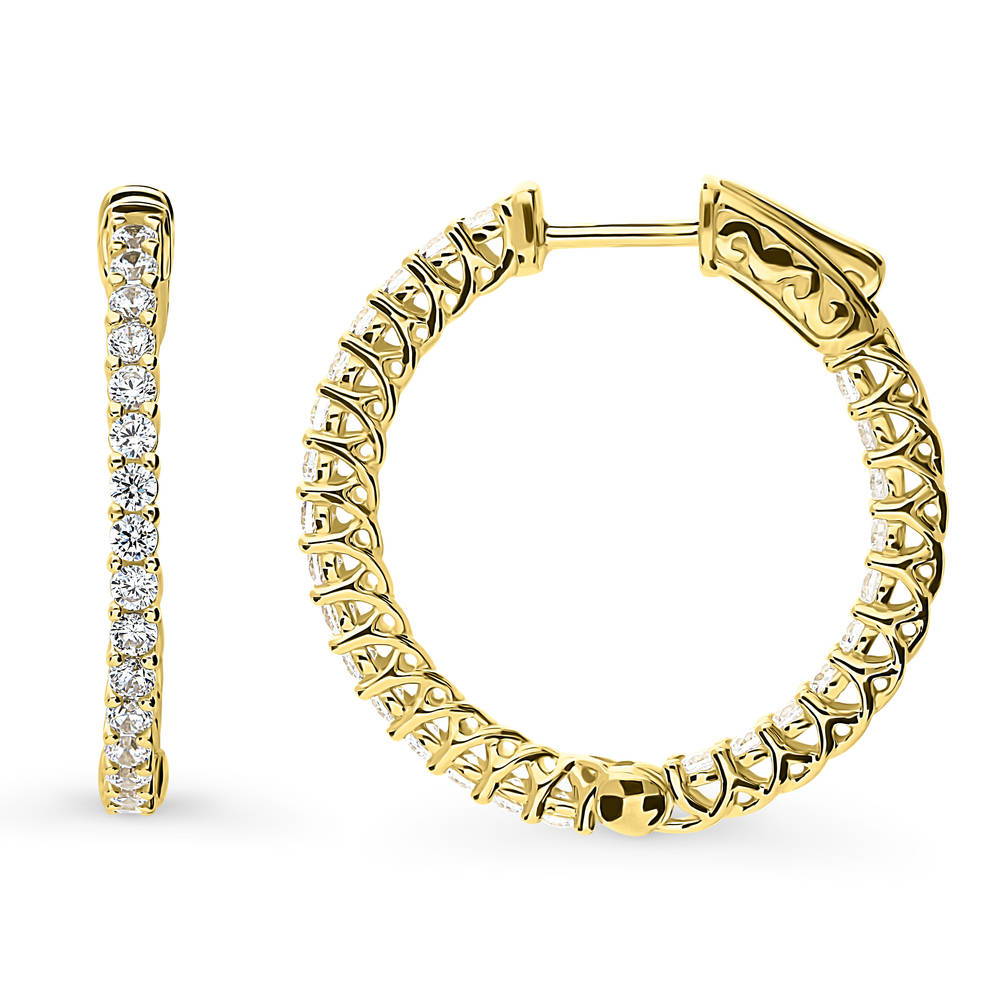 Front view of CZ Small Inside-Out Hoop Earrings in Sterling Silver 1 inch, Yellow Gold Flashed