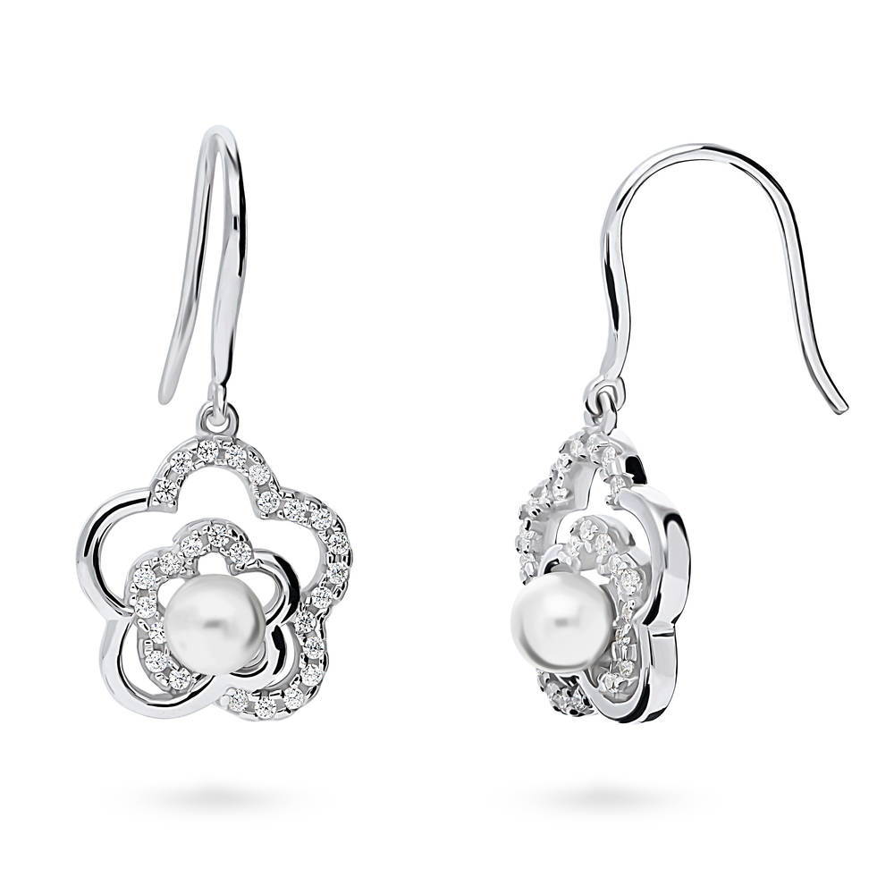 Flower Imitation Pearl Fish Hook Dangle Earrings in Sterling Silver