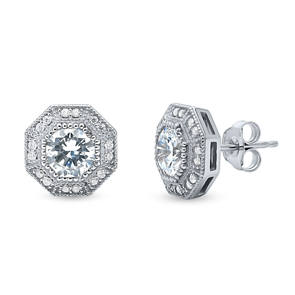 Halo Milgrain Octagon Sun CZ Stud Earrings in Sterling Silver