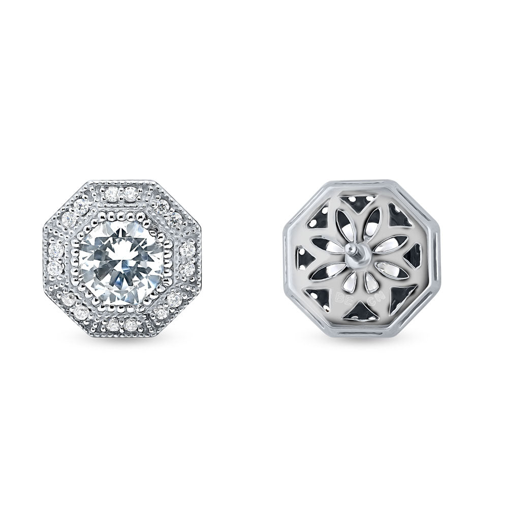 Halo Milgrain Octagon Sun CZ Stud Earrings in Sterling Silver