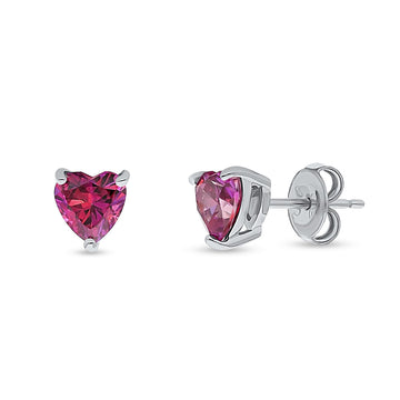 Solitaire Heart Red CZ Stud Earrings in Sterling Silver 1.4ct