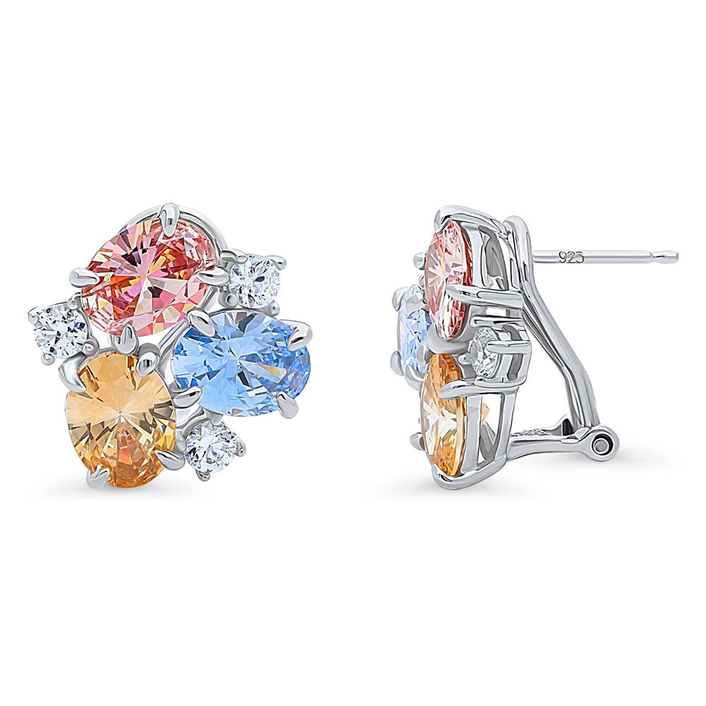 Cluster Morganite Color CZ Omega Back Stud Earrings in Sterling Silver