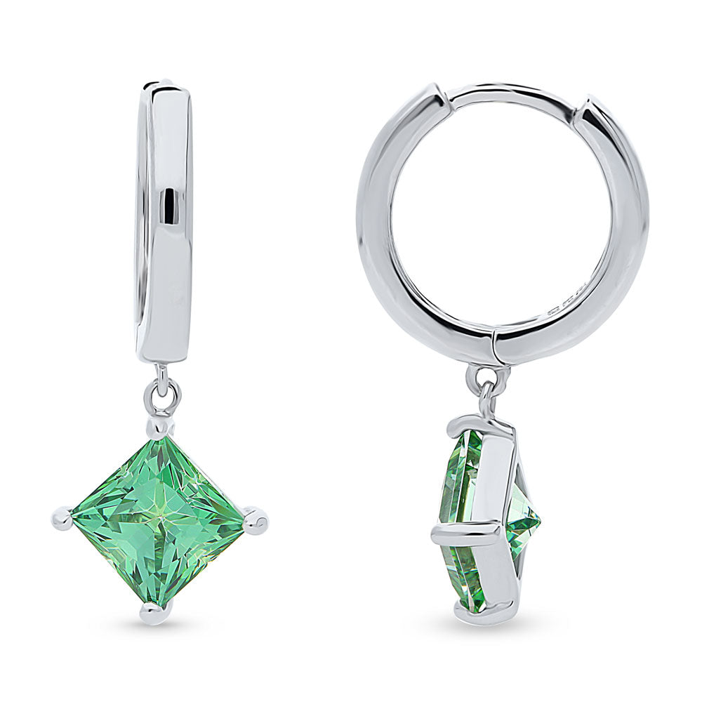Solitaire Green Princess CZ Dangle Earrings in Sterling Silver 2.4ct