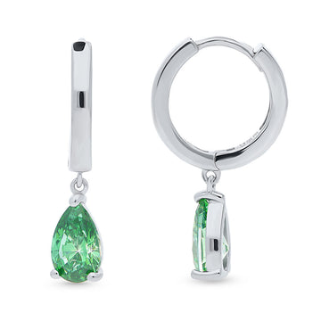 Solitaire Green Pear CZ Dangle Earrings in Sterling Silver 1.6ct