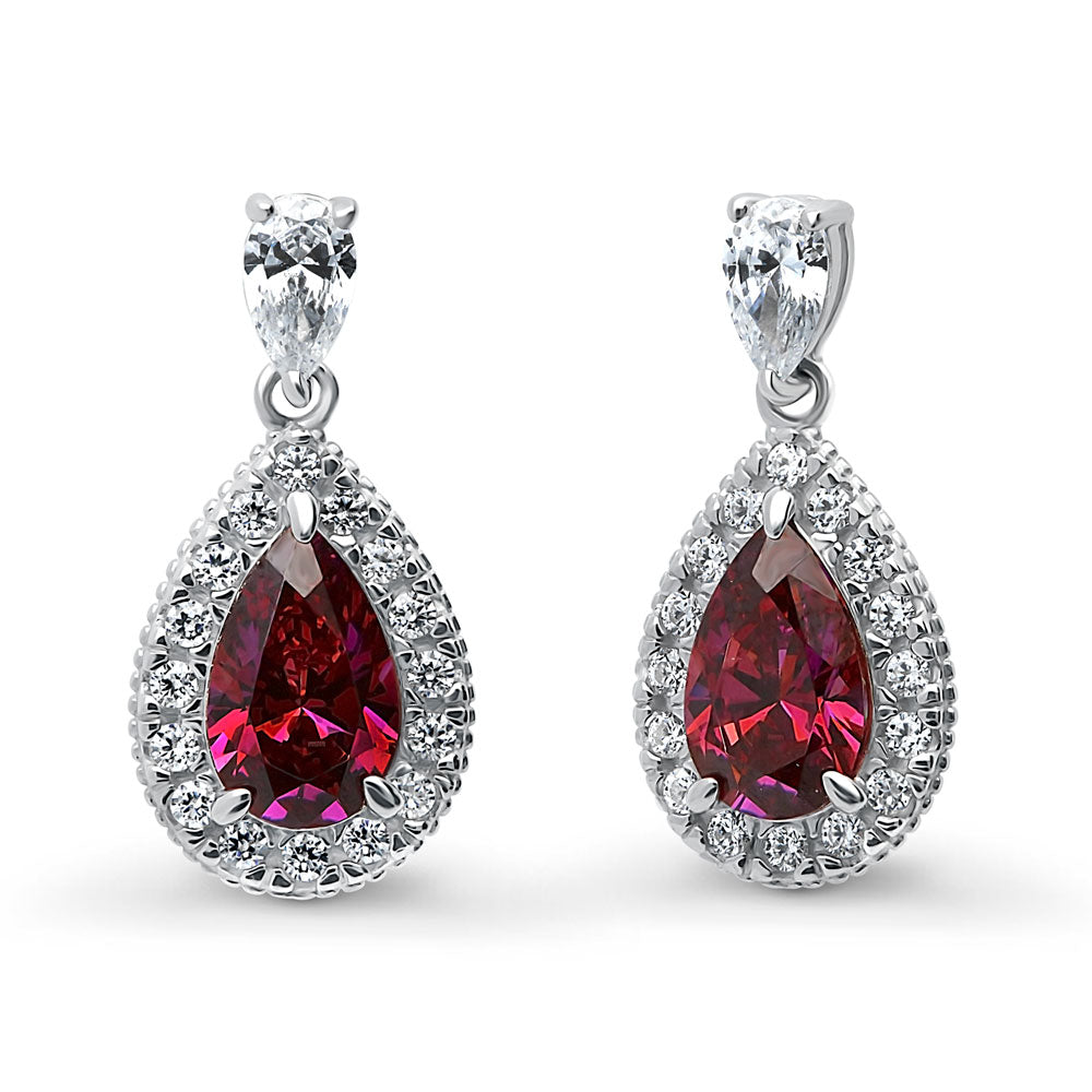 Halo Pear CZ Earrings in Sterling Silver, Red Color