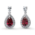 Halo Pear CZ Earrings in Sterling Silver, Red Color