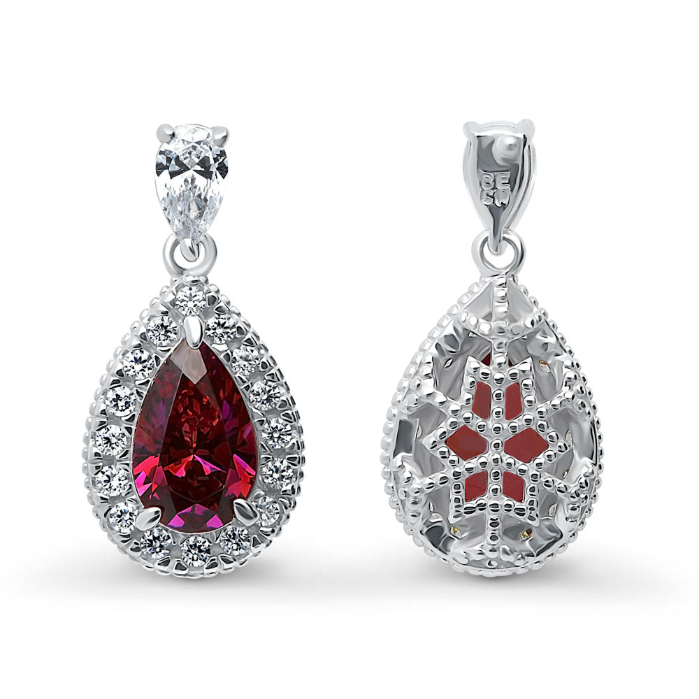 Front view of Halo Pear CZ Earrings in Sterling Silver, Red Color