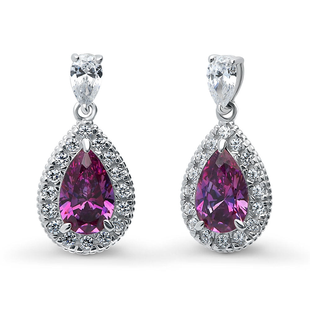 Halo Pear CZ Earrings in Sterling Silver, Purple Color