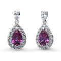 Halo Pear CZ Earrings in Sterling Silver, Purple Color