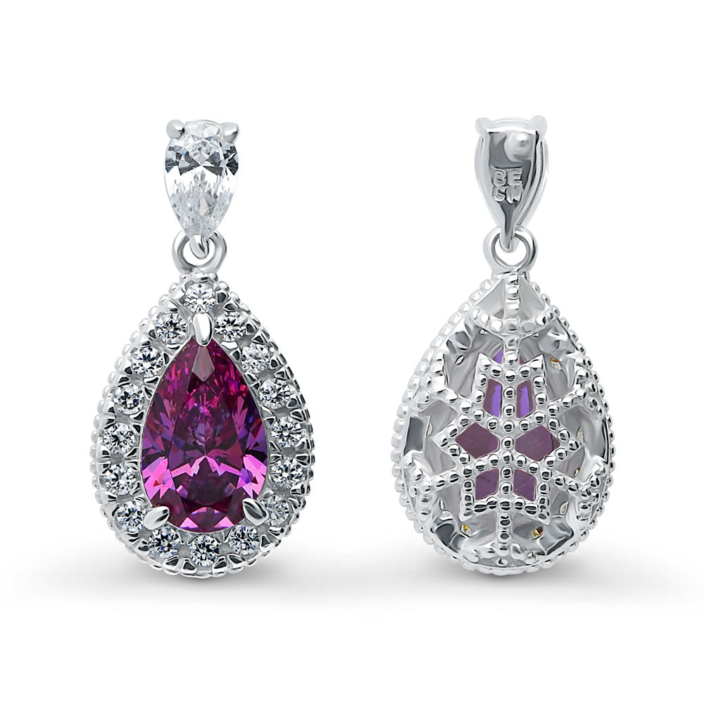 Front view of Halo Pear CZ Earrings in Sterling Silver, Purple Color