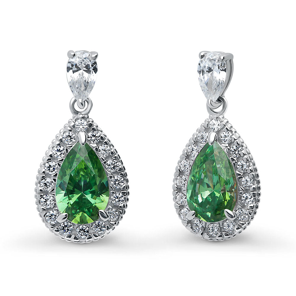 Halo Pear CZ Earrings in Sterling Silver, Green Color