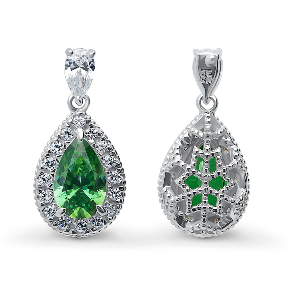 Front view of Halo Pear CZ Earrings in Sterling Silver, Green Color