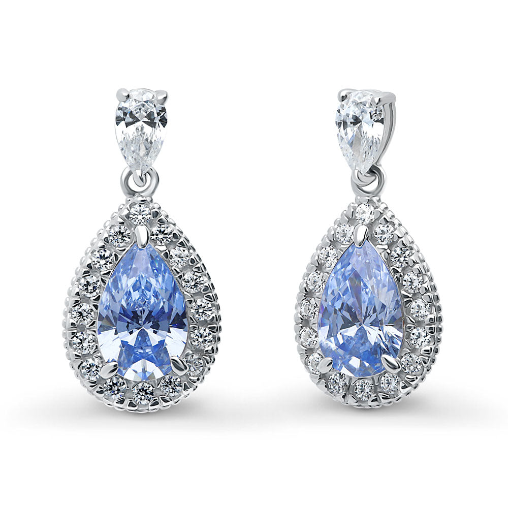 Halo Pear CZ Earrings in Sterling Silver, Blue Color