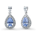Halo Pear CZ Earrings in Sterling Silver, Blue Color