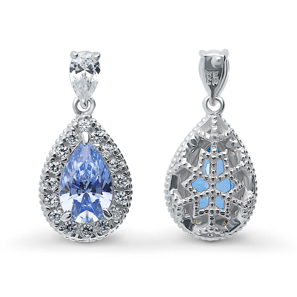 Front view of Halo Pear CZ Earrings in Sterling Silver, Blue Color