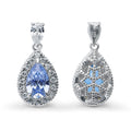 Front view of Halo Pear CZ Earrings in Sterling Silver, Blue Color