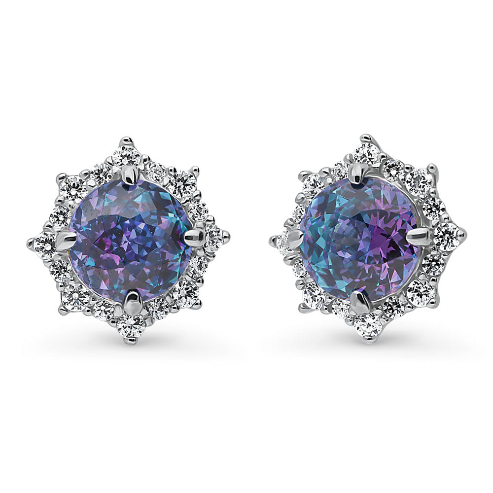 Sunburst Halo CZ Stud Earrings in Sterling Silver, Purple Aqua Color