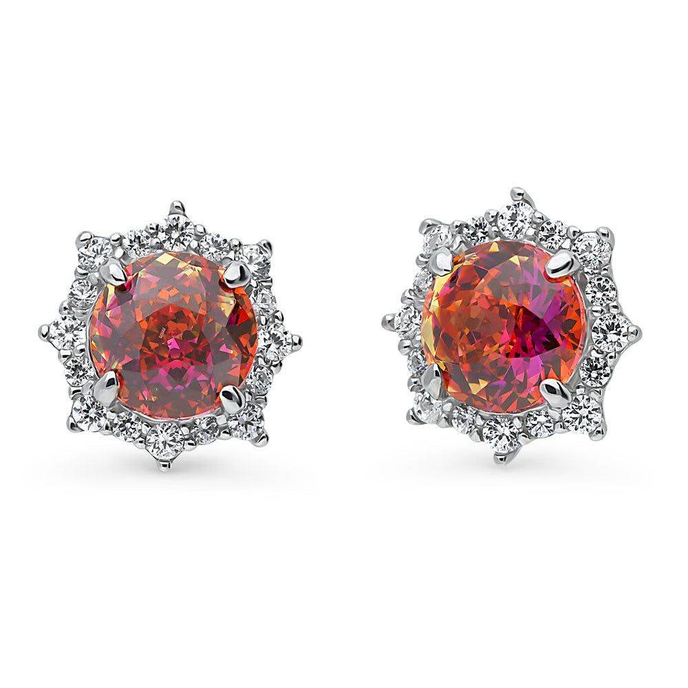 Sunburst Halo CZ Stud Earrings in Sterling Silver, Red Orange Color