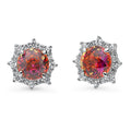 Sunburst Halo CZ Stud Earrings in Sterling Silver, Red Orange Color