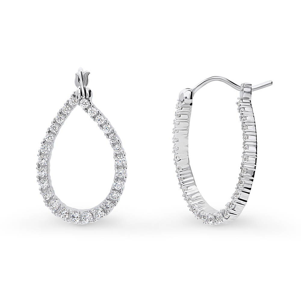 Front view of Teardrop Woven CZ Medium Hoop Earrings in Sterling Silver 0.98 inch, 4 of 5