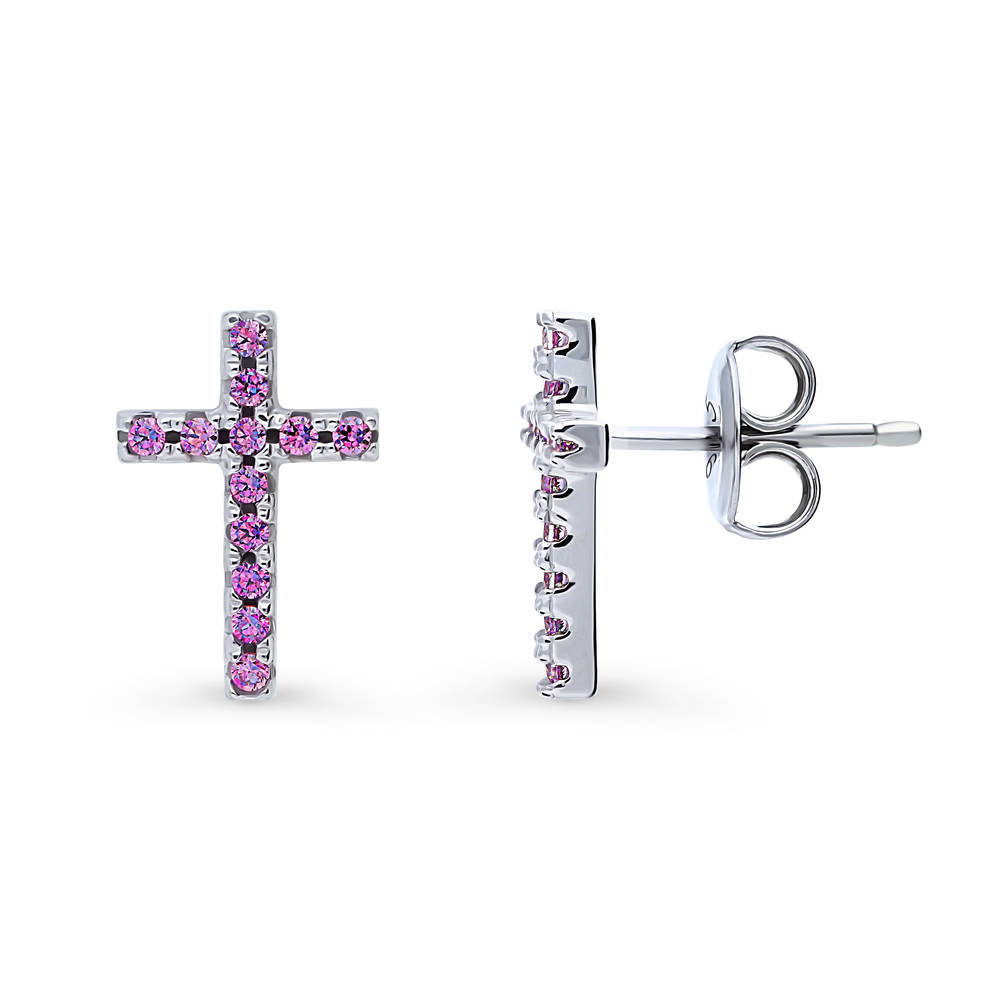 Cross CZ Stud Earrings in Sterling Silver, Purple Color