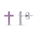 Cross CZ Stud Earrings in Sterling Silver, Purple Color