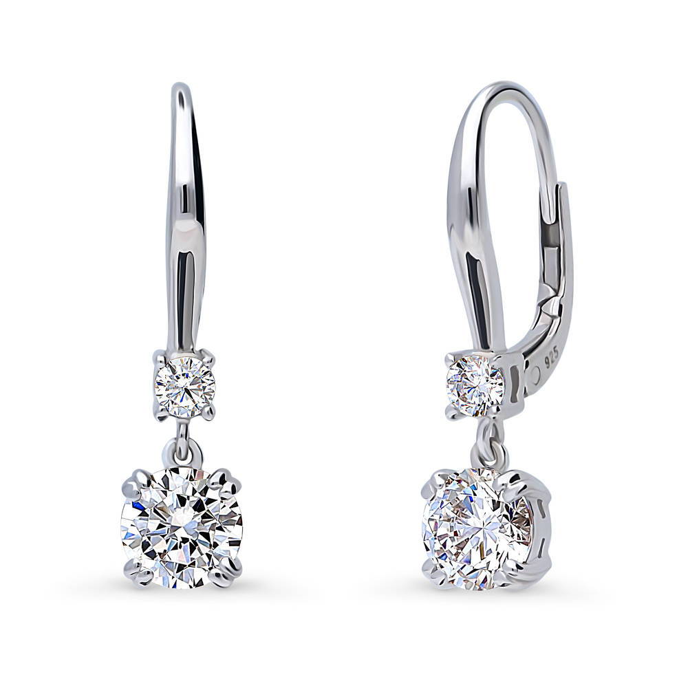 Solitaire 1.6ct Round CZ Leverback Dangle Earrings in Sterling Silver, 1 of 5