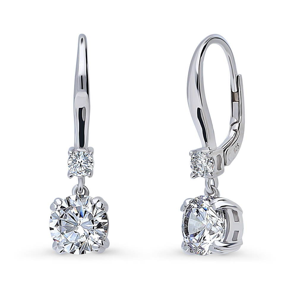 Solitaire 2.5ct Round CZ Leverback Dangle Earrings in Sterling Silver, 1 of 5