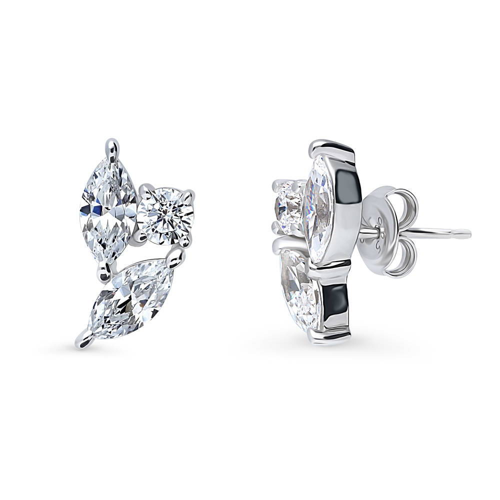 3-Stone Cluster Marquise CZ Stud Earrings in Sterling Silver, 1 of 4