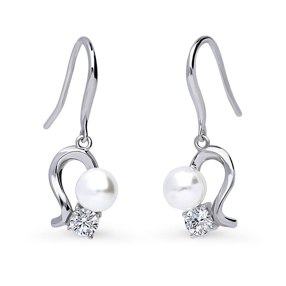 Ball Bead Imitation Pearl Fish Hook Dangle Earrings in Sterling Silver, 1 of 5