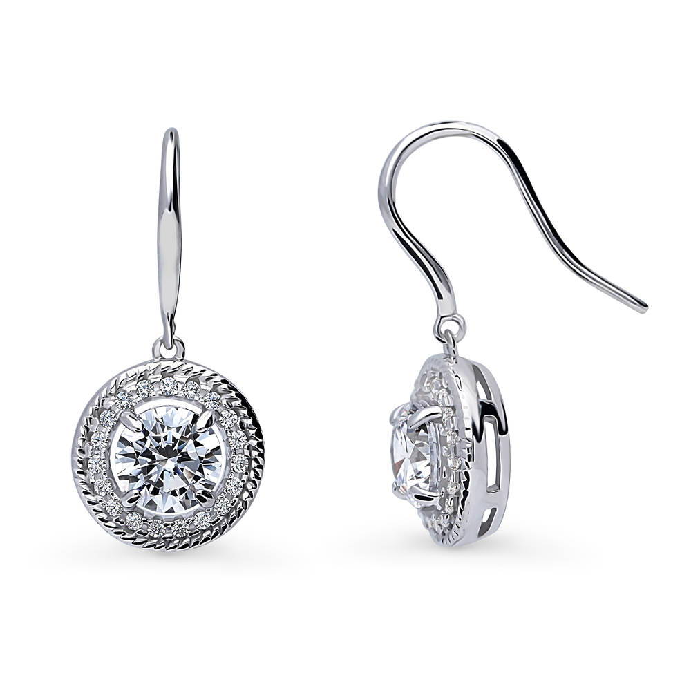 Front view of Halo Cable Round CZ Fish Hook Dangle Earrings in Sterling Silver, 4 of 5