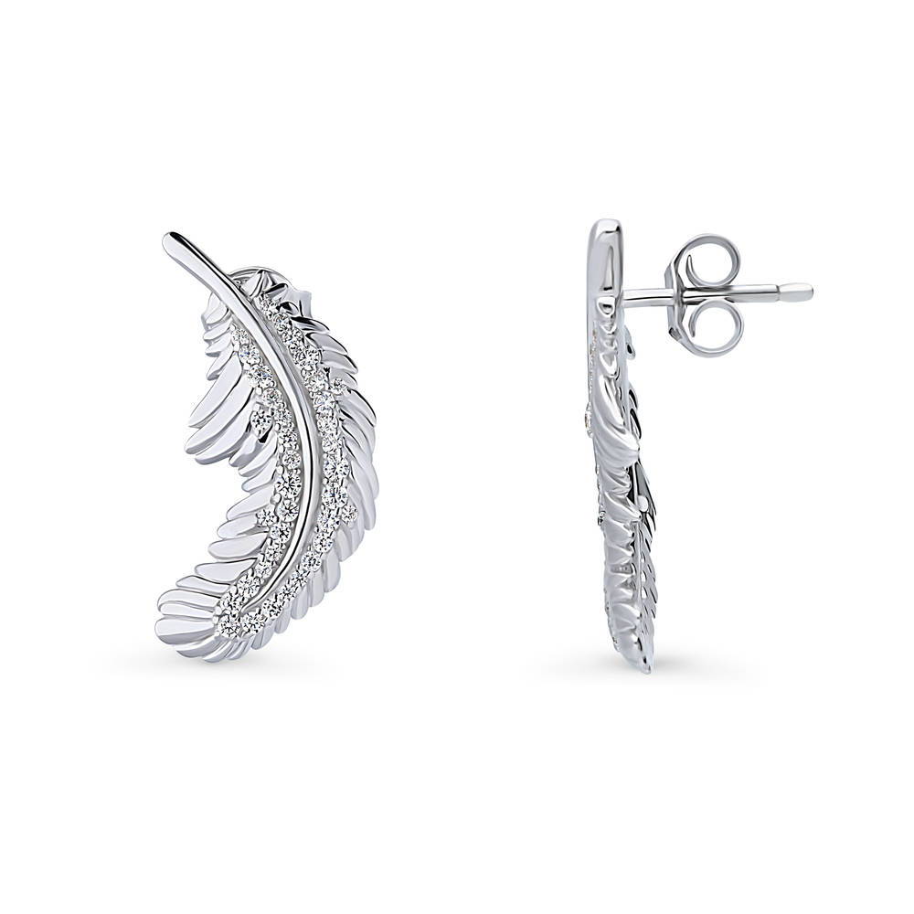 Front view of Feather CZ Stud Earrings in Sterling Silver, 4 of 10