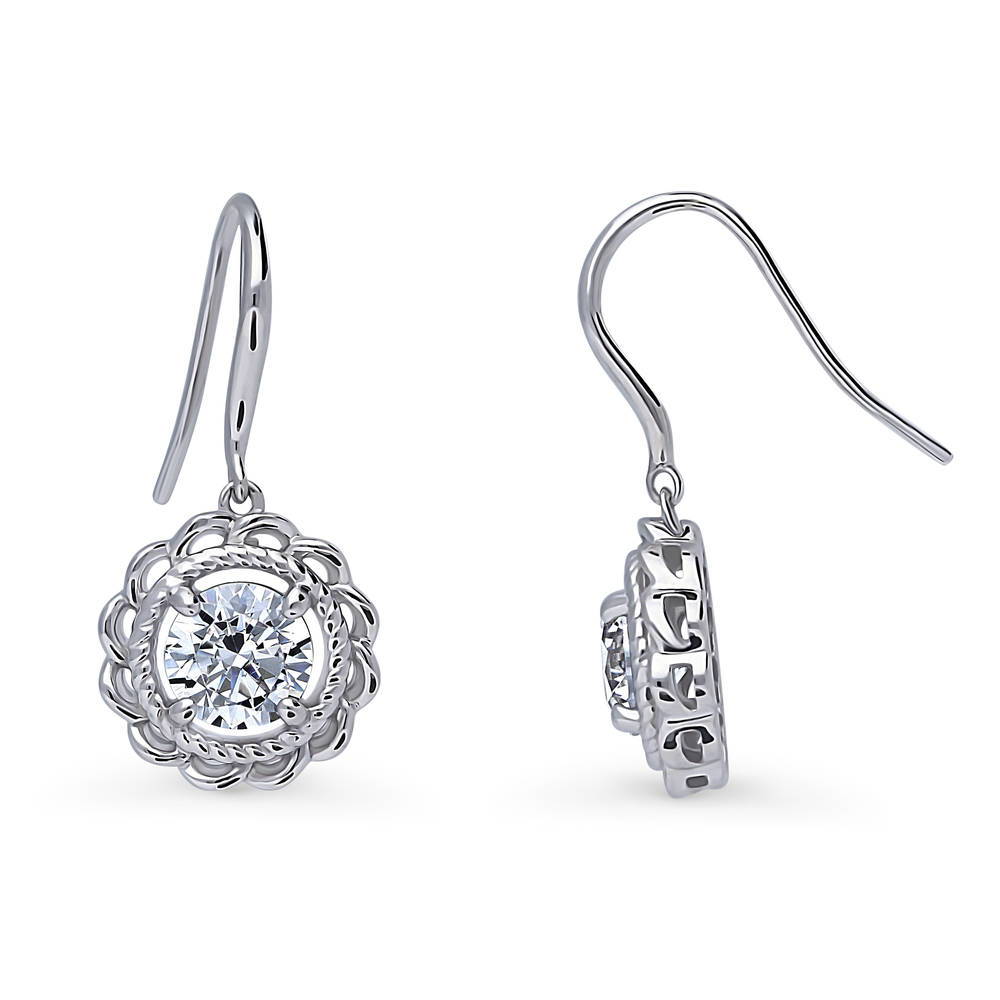 Front view of Solitaire Woven 2.5ct Round CZ Fish Hook Earrings in Sterling Silver, 4 of 5