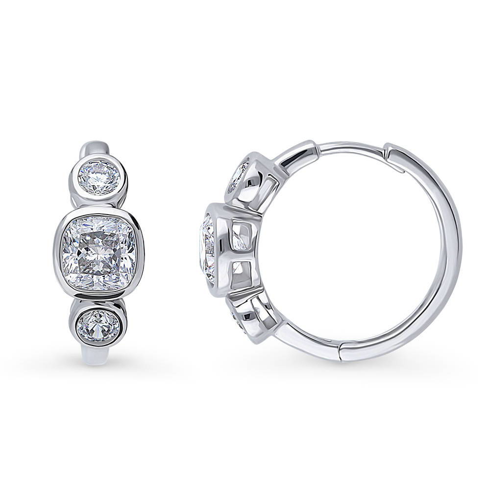 3-Stone Cushion CZ Medium Hoop Earrings in Sterling Silver 0.72"